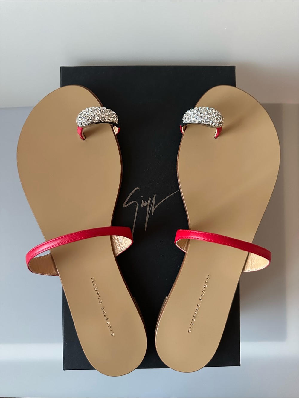 GIUSEPPE ZANOTTI Crystal Embellished Red Leather Flat Sandals